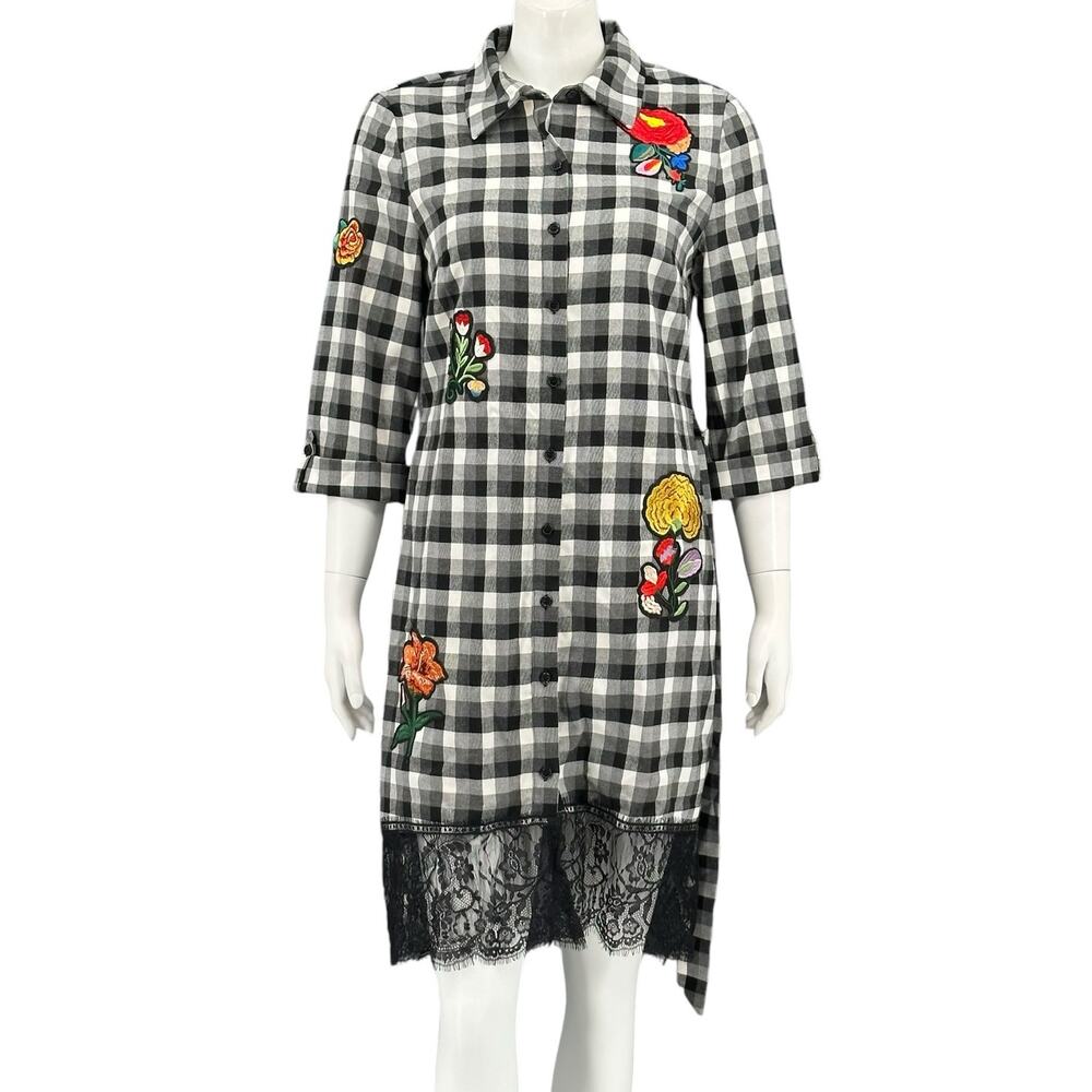 Nicole Miller Dress Womens 6 Black White Check Button Up Belted Floral‎ Patches